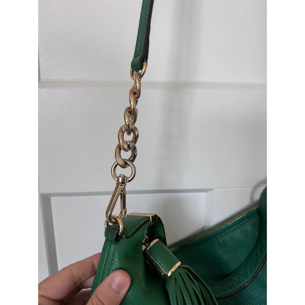 Michael Kors Green Pebbled Leather Hobo Bag Gold Chain Tassel Shoulder Bag